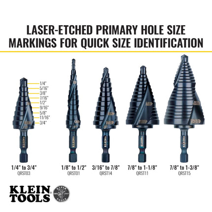 Broca escalonada Klein Tools QRST03, de liberación rápida en espiral de doble estría, de 1/4 a 3/4 pulgadas, vástago hexagonal, para cortar acero, madera, plástico, aluminio
