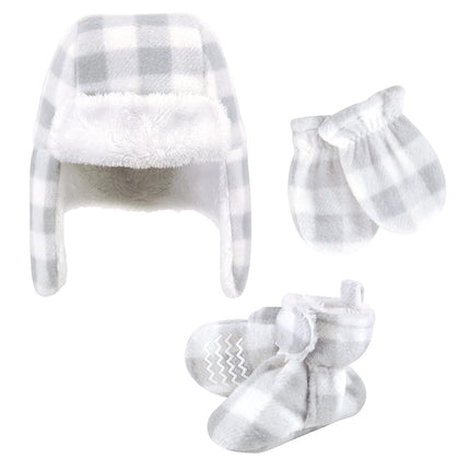 Hudson Baby Juego de gorro de trampero, manoplas y botines, a cuadros gris y blanco, 18-24 meses