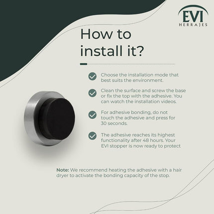 EVI Herrajes | Door Stop | 0.94" x 0.55" | Adhesive or Screw Installation | Matte Finish (Stainless Steel) | Black Natural Silicone Rubber | Mod. I-205/24