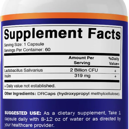 Vitamatic Lactobacillus Salivarius 2 Billion per DR Capsule - 60 Count - Digestive Support - Made with Prebiotic Inulin Fiber