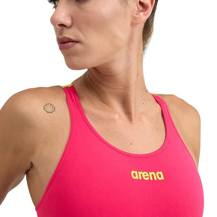 Arena Women's Standard Swim Tech Open Back MaxLife One Piece Solid Team Swimsuit, Freak Rose/Soft Green, 18