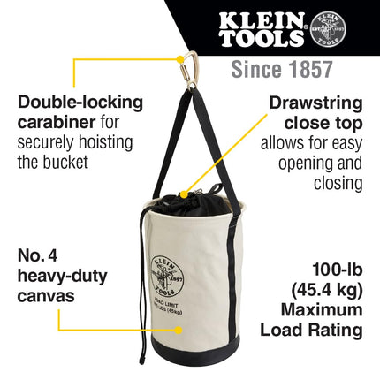 Klein Tools 5114DSC22 Canvas Bucket, Heavy Duty Drawstring Close Tool Bucket, 22-Inch with Leather Reinforced Bottoms, 100-Pound Load Rated
