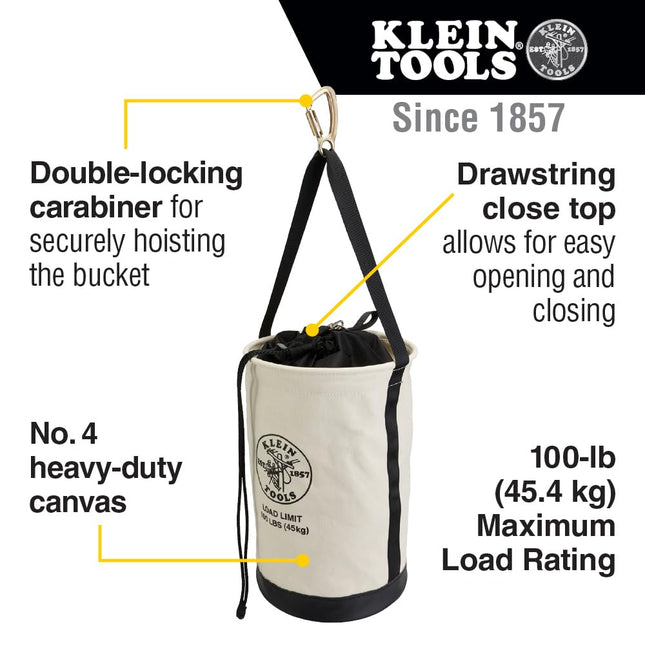 Klein Tools 5114DSC22 Canvas Bucket, Heavy Duty Drawstring Close Tool Bucket, 22-Inch with Leather Reinforced Bottoms, 100-Pound Load Rated