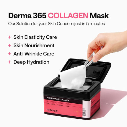 Mediheal Derma 365 Collagen Sheet Mask (30 Masks) - Daily Skin Care Mask for Firm Moisturizing to Lift Skin with Collagen Active 3X, Quick Facial Mask, Korean Skincare