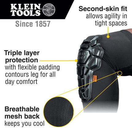 KLEIN TOOLS 60611 Knee Pads, Heavy Duty Padded Knee Sleeves, Breathable Mesh Back, Elastic Cuff with Slip-Resistant Silicone, Black, L/XL