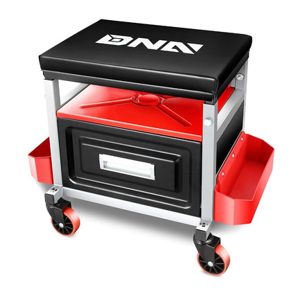 DNA MOTORING Round Mechanics Roller Seat Creeper Stool with Padded Cushion, Tool Storage Drawer & Tray, 300 Lbs Max Weight Capacity, Blue, TOOLS-00492