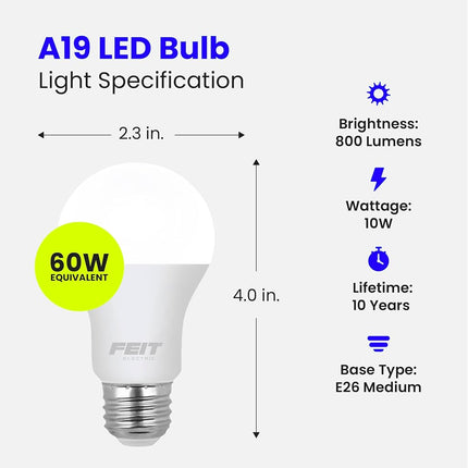 Feit Electric LED Light Bulbs, 60 Watt Equivalent, A19, 10 Year Life, 800 Lumen, 3000K Warm White, Non-Dimmable | 24-Pack