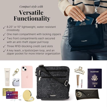 Baggallini Securtex Anti-Theft Crossbody 8.25" Small / 10" Large Travel Purse with RFID Card Slots & Cut-Resistant Strap, Midnight Blossom Print, Small 8.25"w x 8.25"h