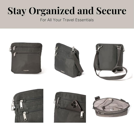 Baggallini Securtex Anti-Theft Crossbody 8.25" Small / 10" Large Travel Purse with RFID Card Slots & Cut-Resistant Strap, Charcoal, Small 8.25"w x 8.25"h