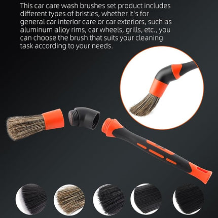 SPTA Car Detailing Brush Set, 5 Pack Soft Boar Hair Auto Detail Brush Kit with Elbow for Automotive Elegant Surface Interior Exterior Dashboard Emblems Panels Engine Bay Wheels Air Vent Seat Leather