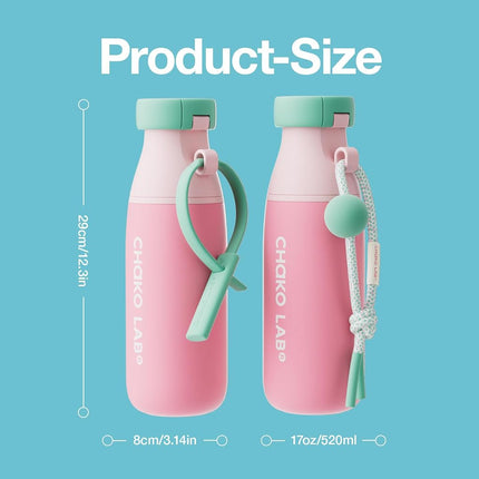 CHAKO LAB Ceramic Insulated Stainless Steel Water Bottle with Two Strap | BPA-Free Leak Proof | 17oz Bottle with Spout Lid & Straw | Peach