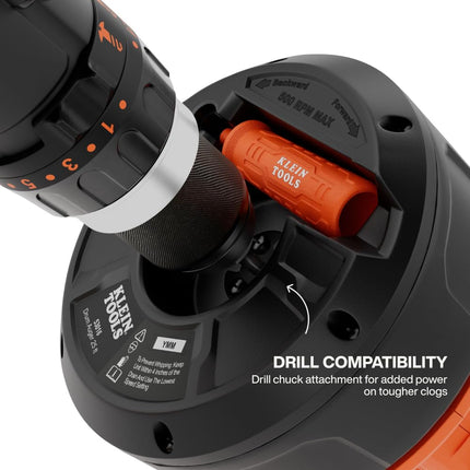 Klein Tools 53016 25-Foot Auto-Feed Drain Auger, Drum Auger, Snake Plumbing Tool, Drain Snake, Cleaner Tool, Tri-Roller System, Power Drill Compatible