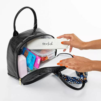 Sac à déjeuner moderne Fit & Fresh Lyon avec couverts de voyage pour femme, sac à déjeuner isotherme pour femme pour le travail, grande boîte à déjeuner étanche et résistante aux taches pour femme, simili cuir crocodile, noir