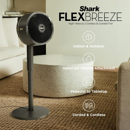 Shark FlexBreeze Pedestal & Tabletop Oscillating Fan with Remote, Indoor & Outdoor, Portable, Corded & Cordless with InstaCool Misting Attachment, White, FA222WH