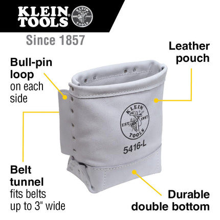 Klein Tools 5416L Tool Pouch, Leather Bull-Pin and Bolt Bag, Tunnel Loop Connection, Reinforced Bottom, 5 x 10 x 9-Inch