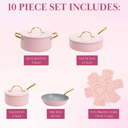 Paris Hilton Iconic Nonstick Pots and Pans Set, Multi-Layer Nonstick Coating, Matching Lids with Gold Handles, Made Without PFOA, Dishwasher Safe Cookware Set, 10-Piece, Pink