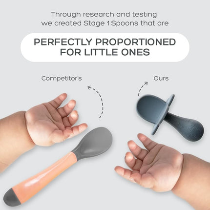 GRABEASE First Stage Silicone Spoon for Babies and Toddlers | Baby Utensils | Great for Baby Led Weaning Baby and Self-Feeding (2 Pack Gray)