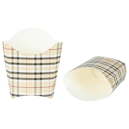 Bio Tek 3.9 x 2.6 x 3.5 Inch French Fry Cup, 100 Disposable Snack Cups - Stackable, Sustainable, Plaid Paper 2 Ounce Fry Holder, for Fries, Onion Rings, Popcorn, or Cookies - Restaurantware