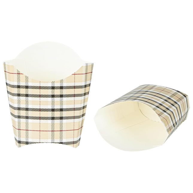 Bio Tek 3.9 x 2.6 x 3.5 Inch French Fry Cup, 100 Disposable Snack Cups - Stackable, Sustainable, Plaid Paper 2 Ounce Fry Holder, for Fries, Onion Rings, Popcorn, or Cookies - Restaurantware