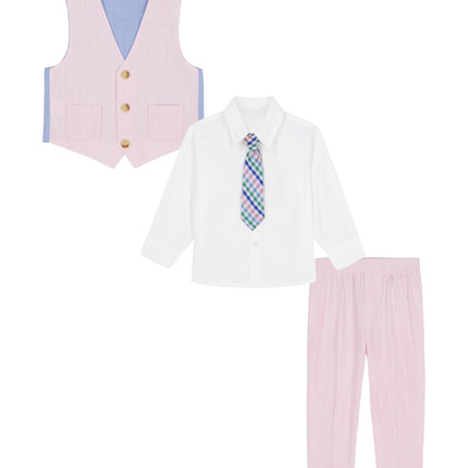 Nautica Babies, Conjunto de 4 piezas para niño con camisa de vestir, chaleco, pantalón y corbata, traje para niños pequeños, seersucker rosa, 18 meses