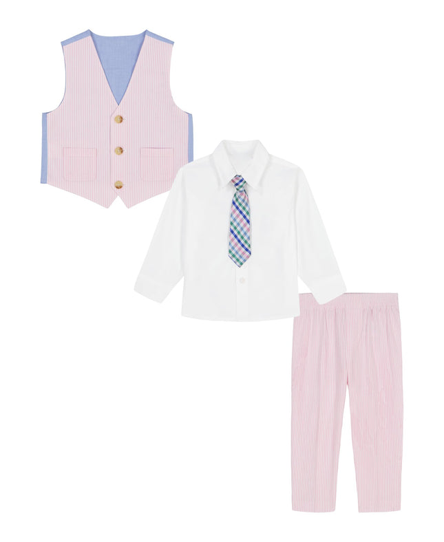 Nautica Babies, Boy's 4-Piece Set with Dress Shirt, Vest, Pants, and Tie Toddler Suit, Pink Seersucker, 18 Months