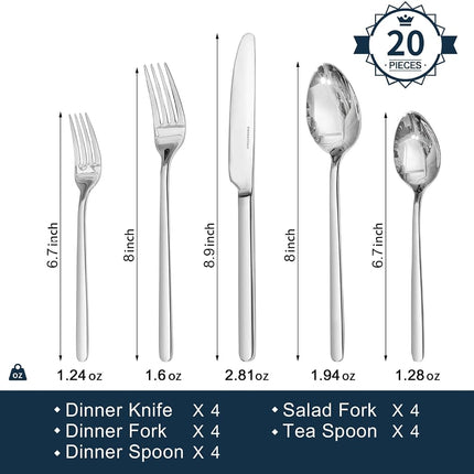 Kingstone Silverware Set, 20 Piece Flatware Cutlery Set for 4, 18/10 Stainless Steel Silverware Mirror Polished Dishwasher Safe for Home, Restaurant, Wedding, Party