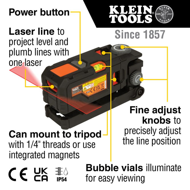 Klein Tools 93PTL Pocket Laser Level, Magnetic Bright Red Plumb Leveling and Alignment Tool, 3 Bubble Vials, 360-Degree Wall Attachment
