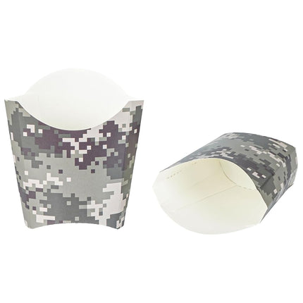 Bio Tek 3.9 x 2.6 x 3.5 Inch French Fry Cup, 100 Disposable Snack Cups - Stackable, Sustainable, Camouflage Paper 2 Ounce Fry Holder, For Fries, Onion Rings, Popcorn, or Cookies - Restaurantware