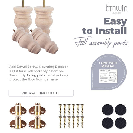 Btowin 5 inch Unfinished Solid Wood Bun Feet with M8 Bolts, Set of 4