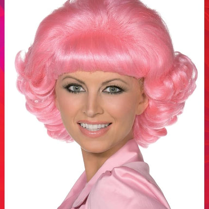 Smiffys Grease Frenchy Wig in Pink for Adults, Short and Curly, Officially Licensed, Iconic Frenchy Pink Wig Pre-Styled and Ready to Wear, Ideal for Group Outfits and Matching Fancy Dress