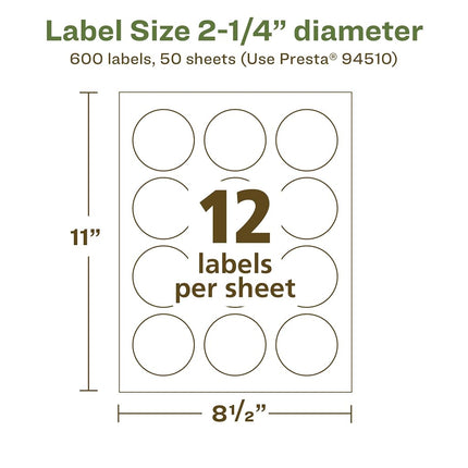 Avery EcoFriendly Matte White Recycled Round Labels, 2.25" Diameter, Print-to-The-Edge, Matte White Labels, Permanent Label Adhesive, Laser/Inkjet, 600 Printable Labels