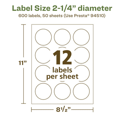 Avery EcoFriendly Matte White Recycled Round Labels, 2.25" Diameter, Print-to-The-Edge, Matte White Labels, Permanent Label Adhesive, Laser/Inkjet, 600 Printable Labels