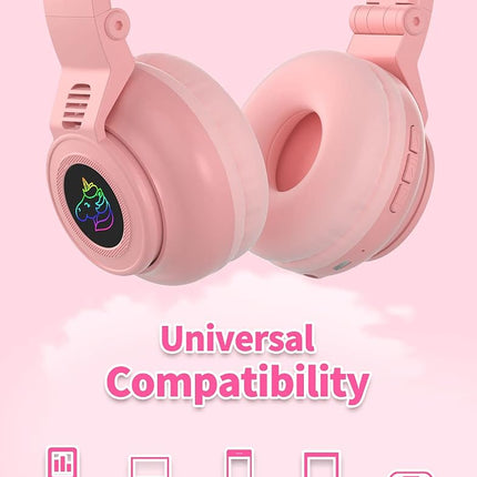 Unicorn Kids Headphones,Unicorn Bluetooth Headphones Foldable for Girls Boys Toddlers Phones pad/Amazon fire/Tablet,Light Up Kids Wireless Headphone Birthday Gifts (Pink)