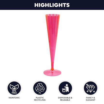Party Essentials 50Count Hard Plastic Twopiece 5 oz Champagne Flutes, Neon Pink