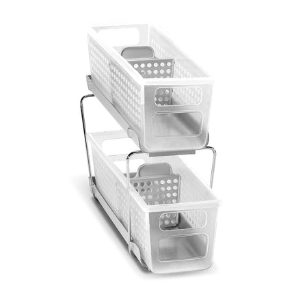 madesmart Mini 2-Tier Organizer, Multi-Purpose Slide-Out Storage with Handles and Dividers for Home and Bath, Frost