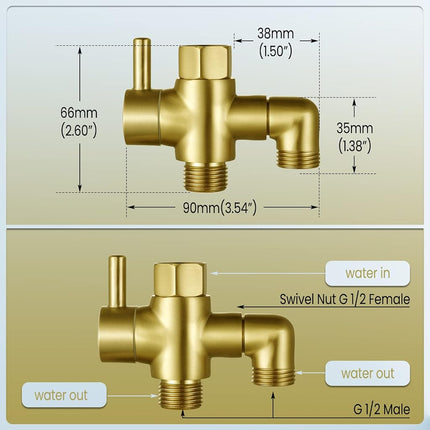 Metal Shower Diverter Valve, YDmeet 3 Way Shower Head Diverter for Handheld Showerhead and Fixed Rainfall Shower Head, Universal G1/2 Bathroom Shower System Replacement Part, Brushed Gold