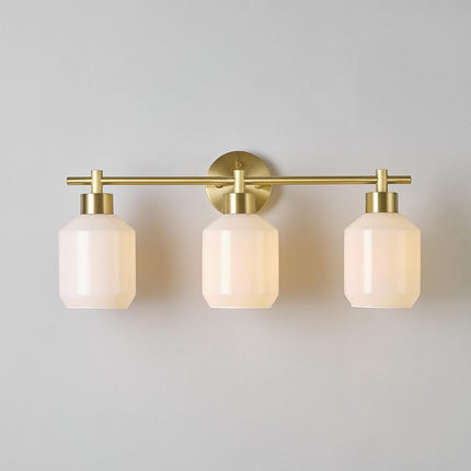 Globe Electric 52055 Cannes 3-Light, Gold Bathroom Vanity Light Fixtures, Modern Wall Lighting with Milk Glass Shades, Vanity Lights for Bathroom, Brass Bathroom Light fixtures