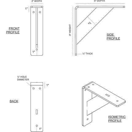 Ekena Millwork BKTM02X08X08TRHCO 2 inch W x 8 inch D x 8 inch H Traditional Steel Bracket, Hammered Copper