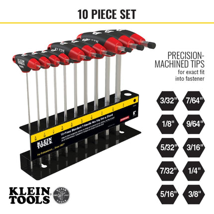 KLEIN TOOLS JTH610E Hex Key Set, SAE T-Handle Hex Key Allen Wrench Set with 6-Inch Blades, Stand Included, 10-Piece