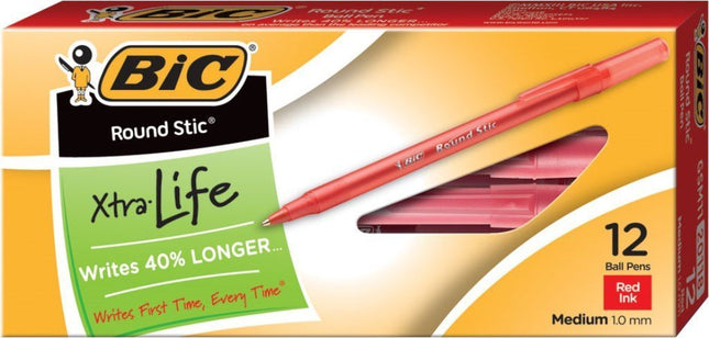 Bolígrafo BIC Round Stic Xtra Life, punto mediano (1.0 mm), azul, 12 unidades