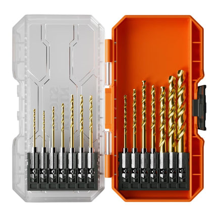 Klein Tools 53614 14-Piece Titanium Drill Bit Set, Impact-Rated, 1/4-Inch Hex Shank, Cuts Metal, Plastic, Wood, 11 Unique Sizes
