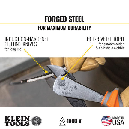 Klein Tools 2288RINS Klein Tools 2288RINS 1000V Insulated Diagonal Cutter Pliers, High Leverage Design, Induction Hardened Knives, 8-Inch