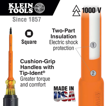 Klein Tools 662-4-INS Insulated Screwdriver, #2 Square-Recess Tip with 4-Inch Shank