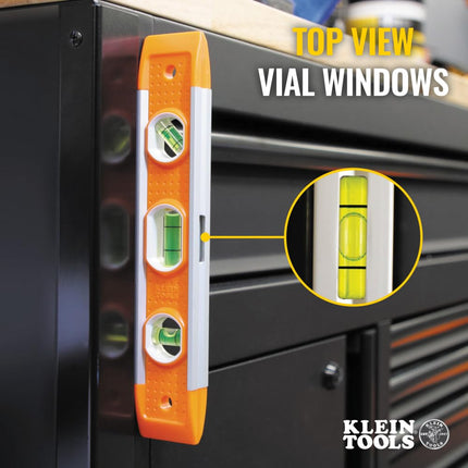 Klein Tools 935 Level, 9-Inch Magnetic Torpedo Level with 0/45/90 Degree Vials and V-Groove, Tapered Nose