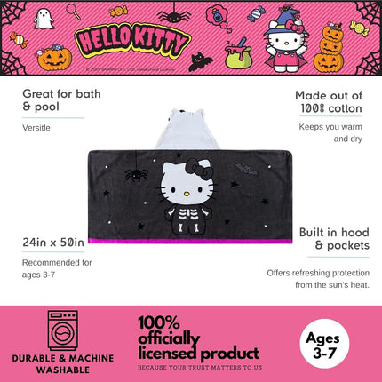 Sanrio Hello Kitty Skeleton Halloween Kids Super Soft Bath/Pool/Beach Soft Cotton Terry Hooded Towel Wrap, 24 in x 50 in, (Officially Licensed Product) by Franco