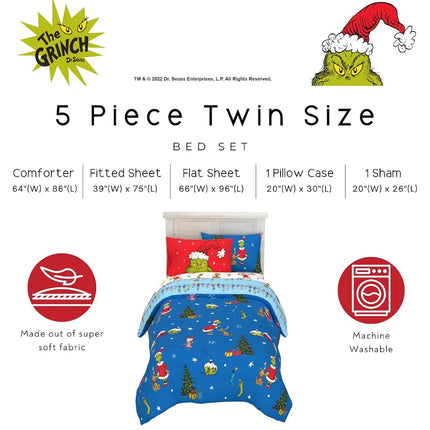 Franco Comforter and Sheet Set with Sham, Microfiber, Grinch, 5 Piece Twin Size