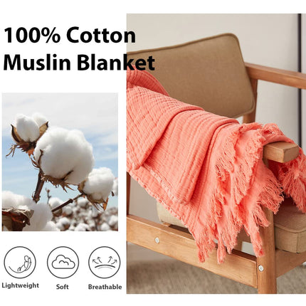 Manta de muselina de algodón Simple&Opulence para cama, sofá, manta de gasa tejida con borlas, suave, ligera, acogedora, prelavada, transpirable, decoración de casa de campo para todas las estaciones (rojo coral)