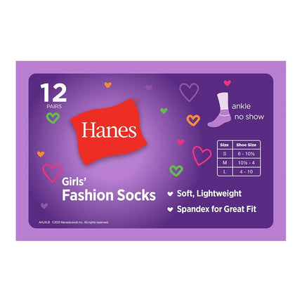 Hanes Calcetines Tobilleros de Moda para Niñas, Calcetines Suaves Estampados, Paquete de 12, Gris/Azul/Rosa/Lavanda, Mediano