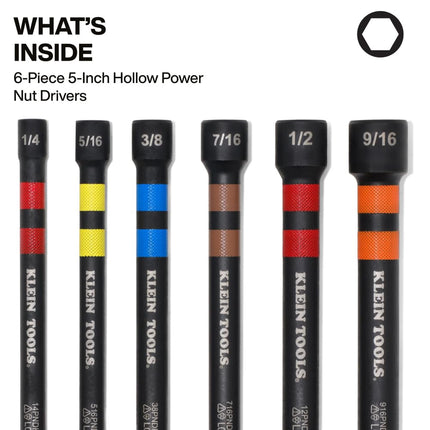 Klein Tools 32940 SAE Magnetic Hollow Impact Nut Drivers Set, 6-Piece Color Coded Hollow Power Nut Driver with Extended Reach, 6 SAE Sizes