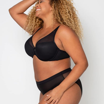Curvy Couture Women's Sexy Sheer Mesh Plus Size Plunge T Shirt Bra, Black Hue, 34F
